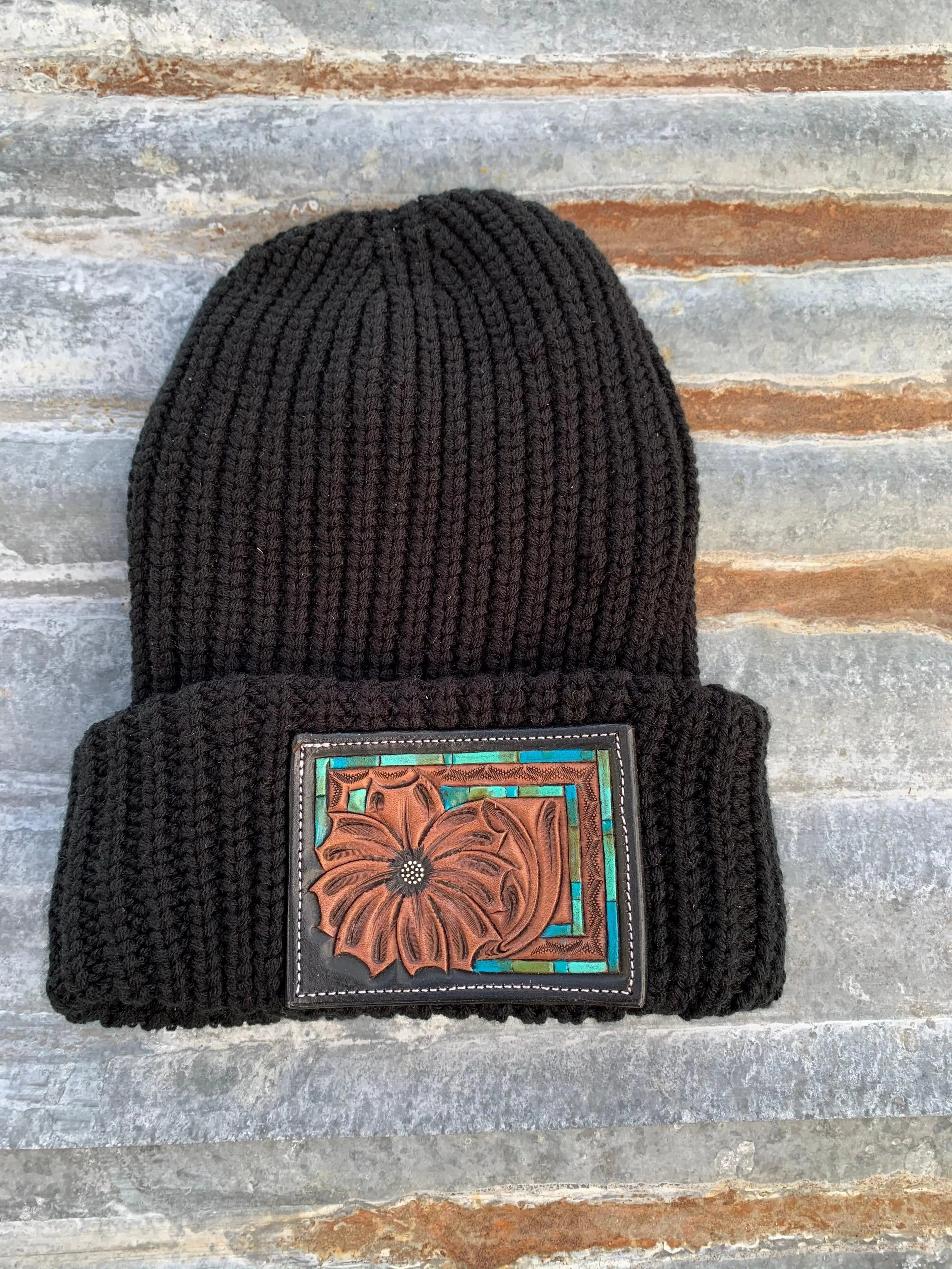 Daisy Handtooled Leather Patch Beanie