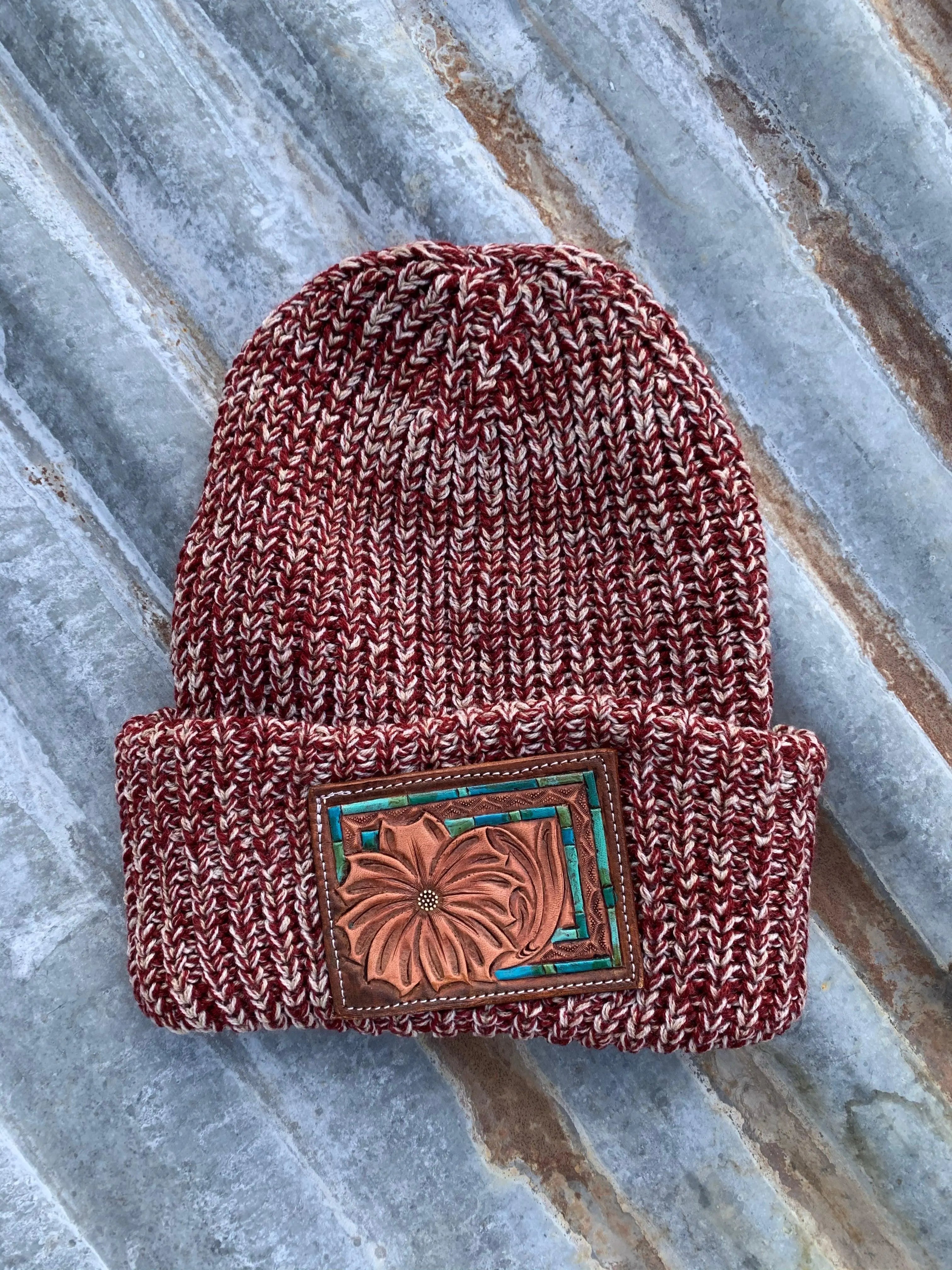 Daisy Handtooled Leather Patch Beanie