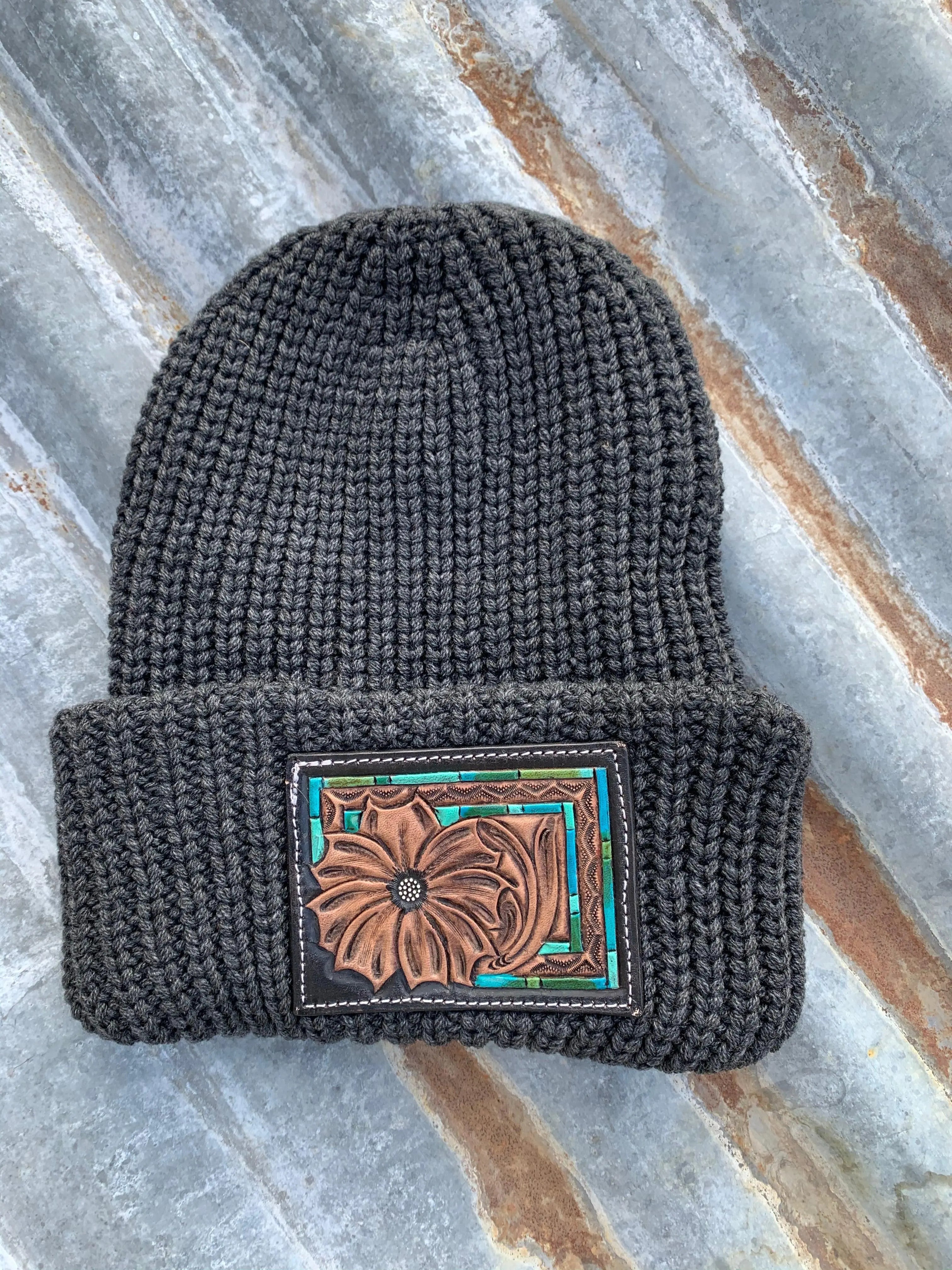 Daisy Handtooled Leather Patch Beanie