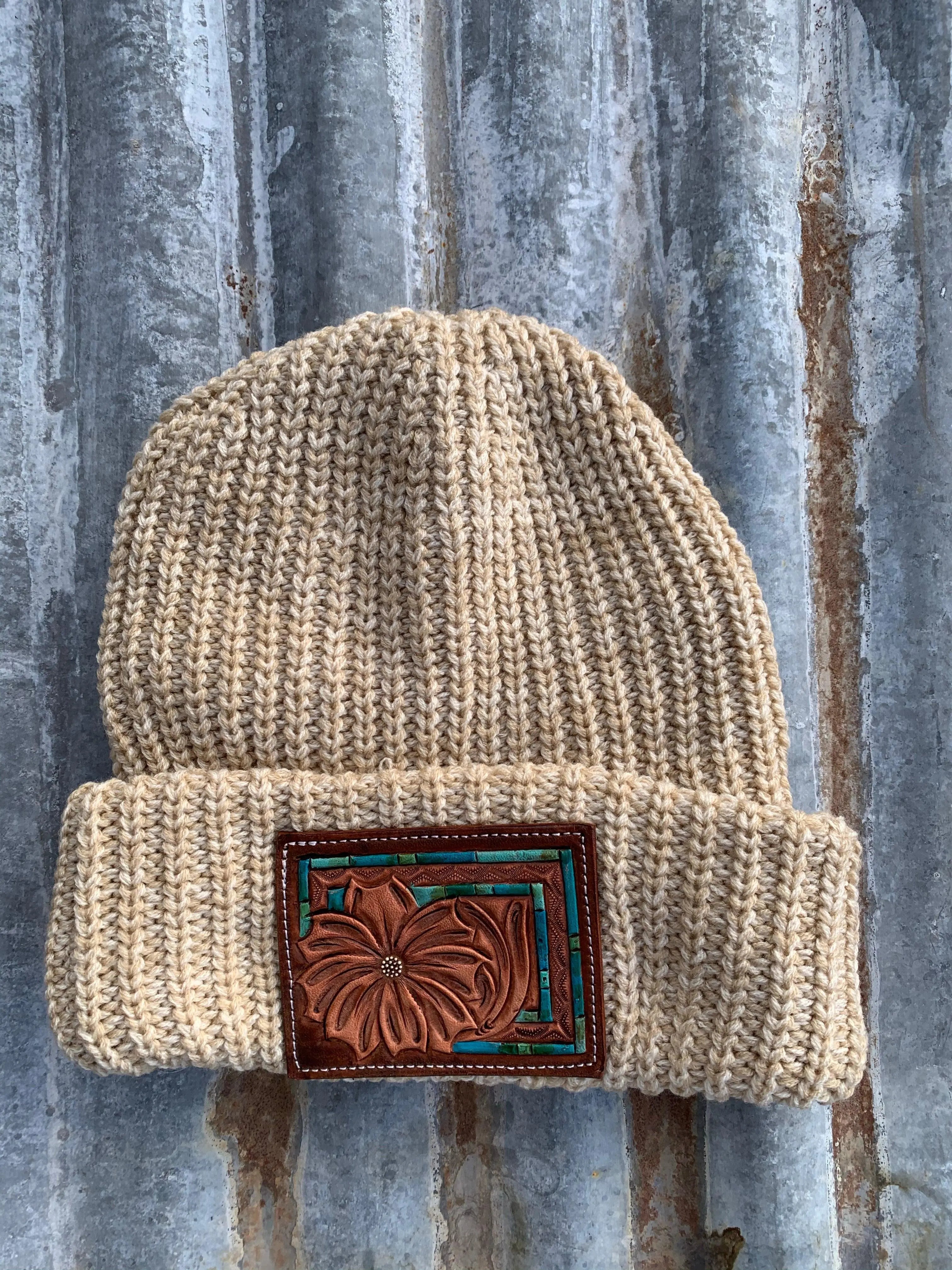 Daisy Handtooled Leather Patch Beanie