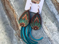 The Tad Hand Tooled Leather Earrings with Turquoise Border and Deerskin Fringe