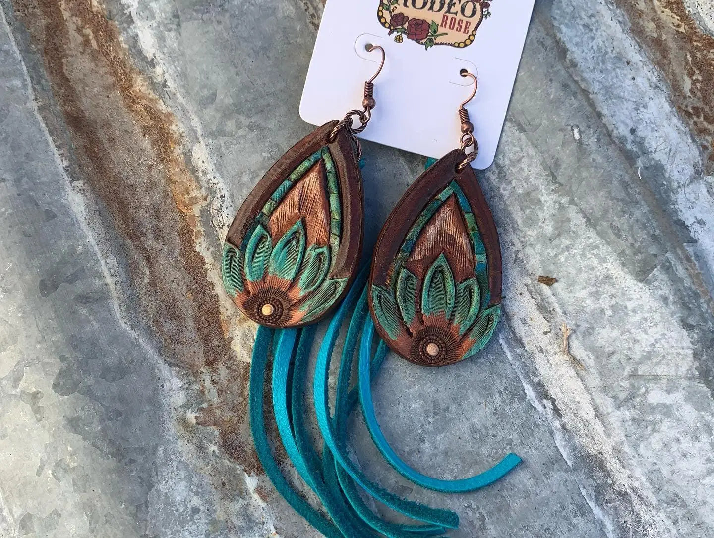 The Tad Hand Tooled Leather Earrings with Turquoise Border and Deerskin Fringe
