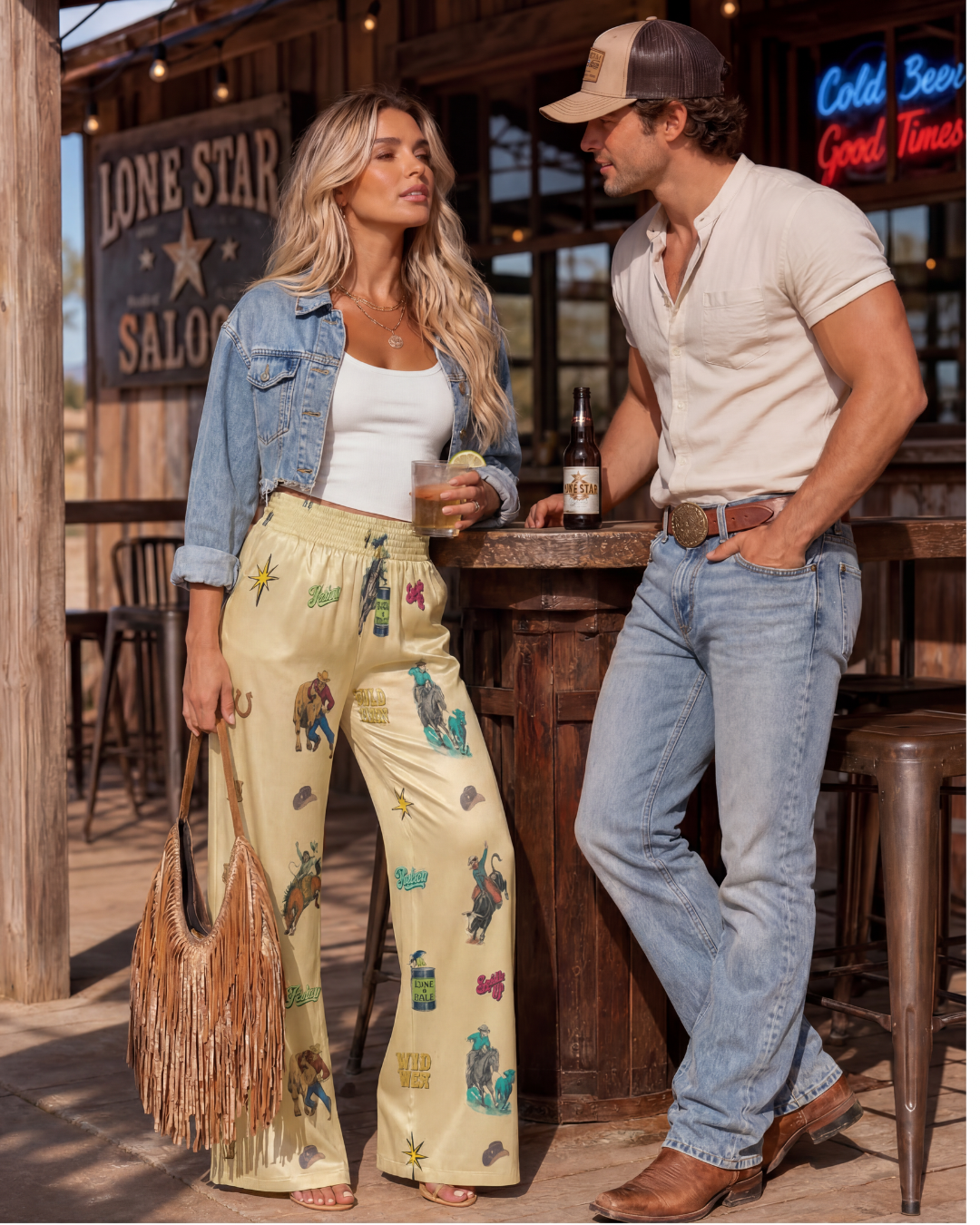 Women's Western Cactus Print High Waisted Wide Leg Pants