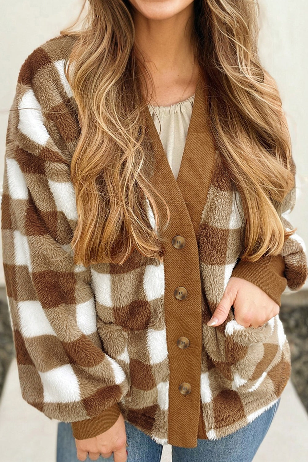 Checkered Sherpa Button-Down Jacket