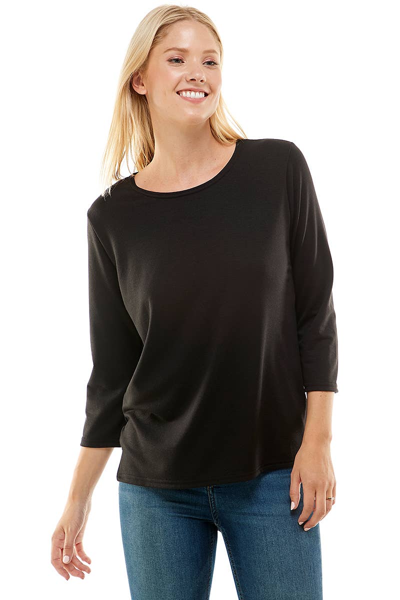 AZULES Black 3/4 Sleeve French Terry Western Top — Side Slit Made in USA
