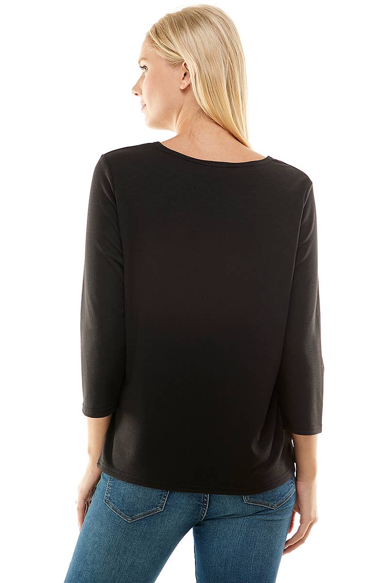 AZULES Black 3/4 Sleeve French Terry Western Top — Side Slit Made in USA