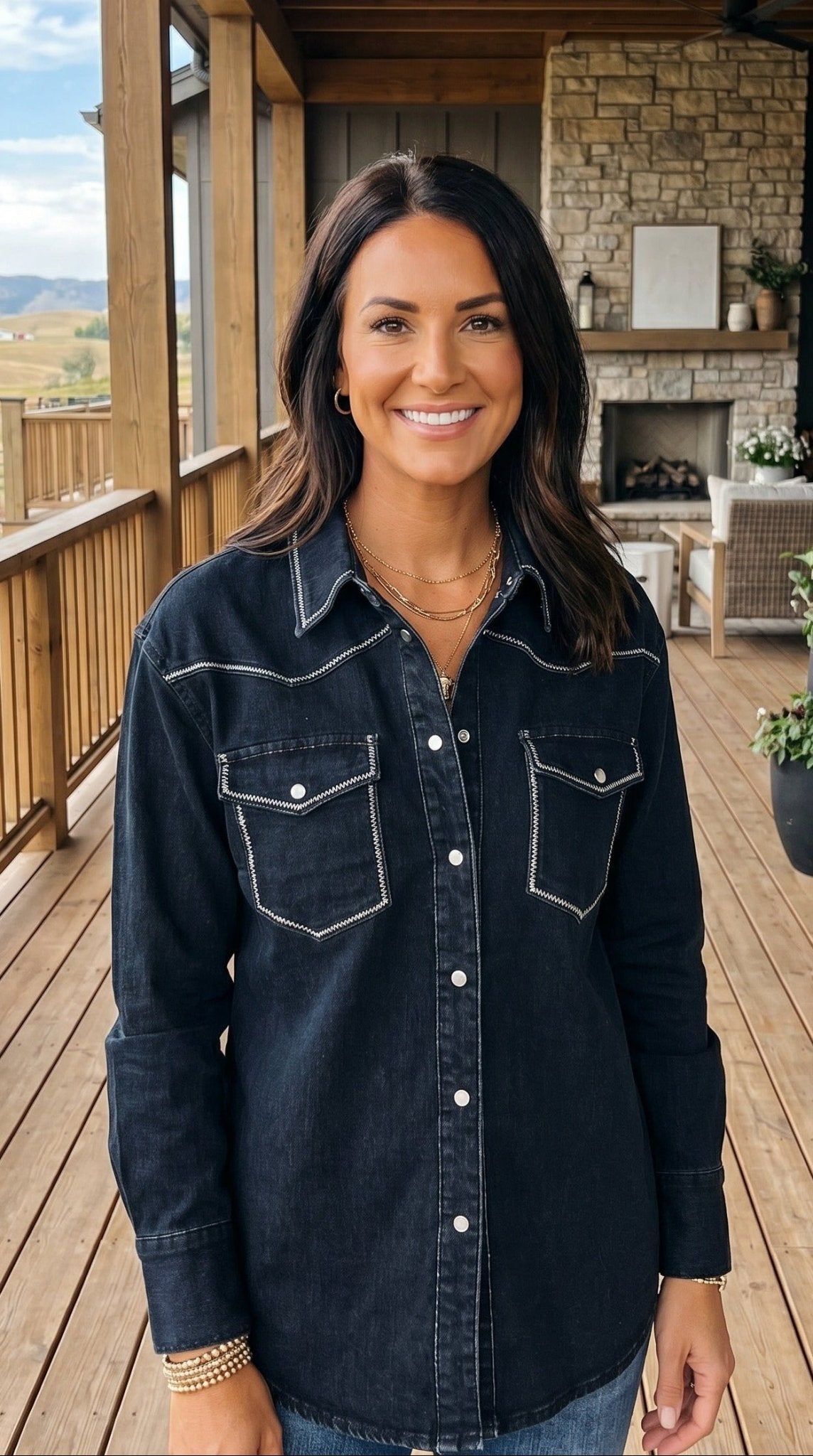 Women's Black Pearl Snap Denim Shirt