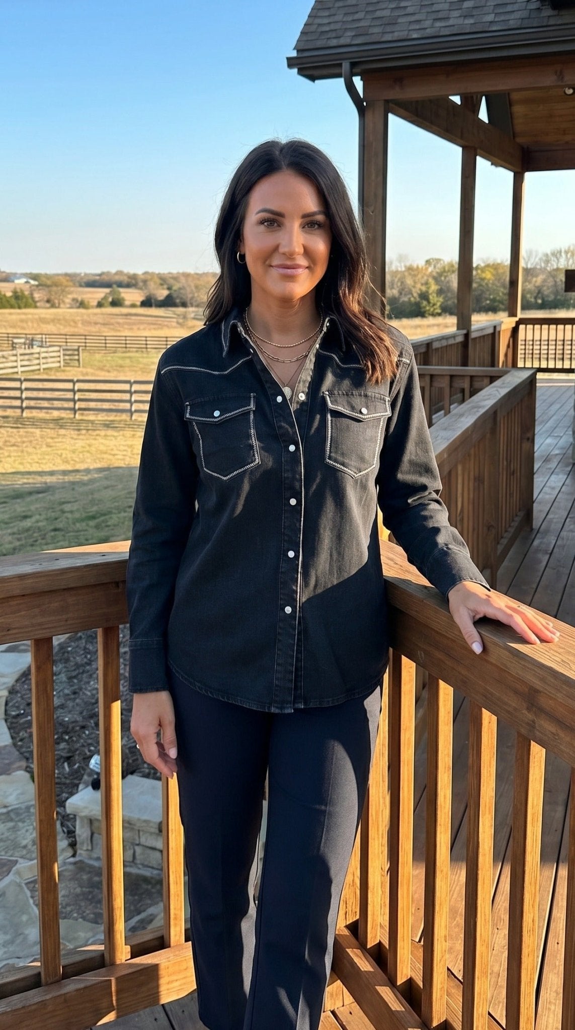 Women's Black Pearl Snap Denim Shirt