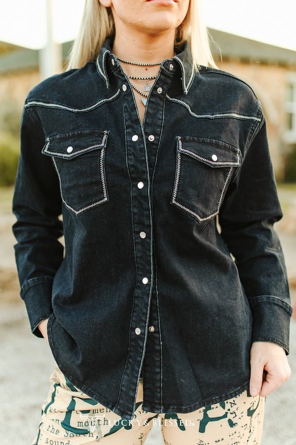 Women's Black Pearl Snap Denim Shirt