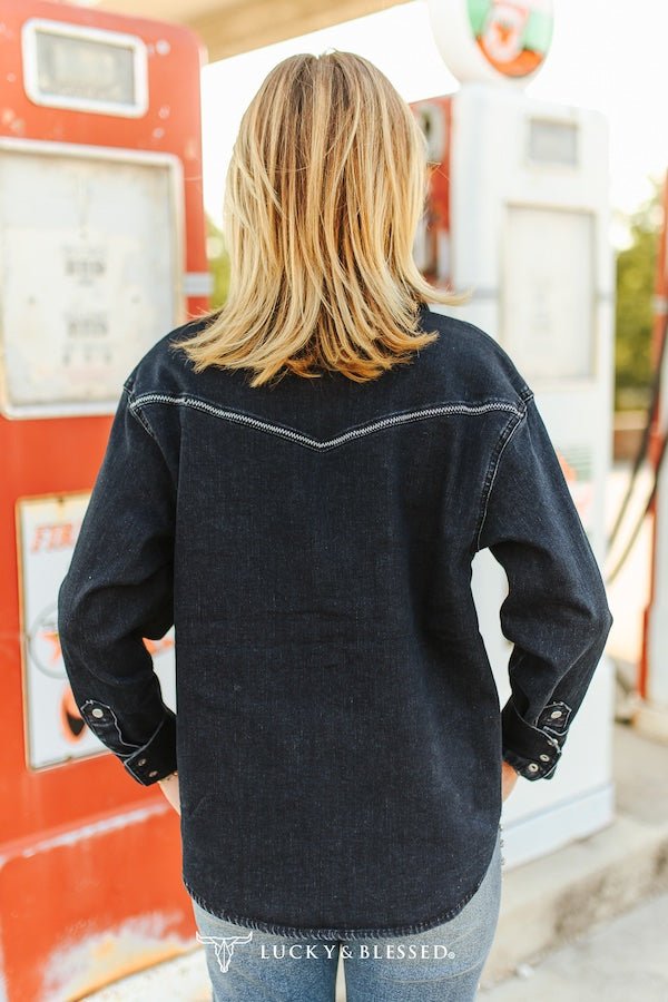 Women's Black Pearl Snap Denim Shirt