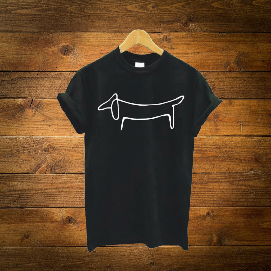 Black Dachshund Tee on Wood Background