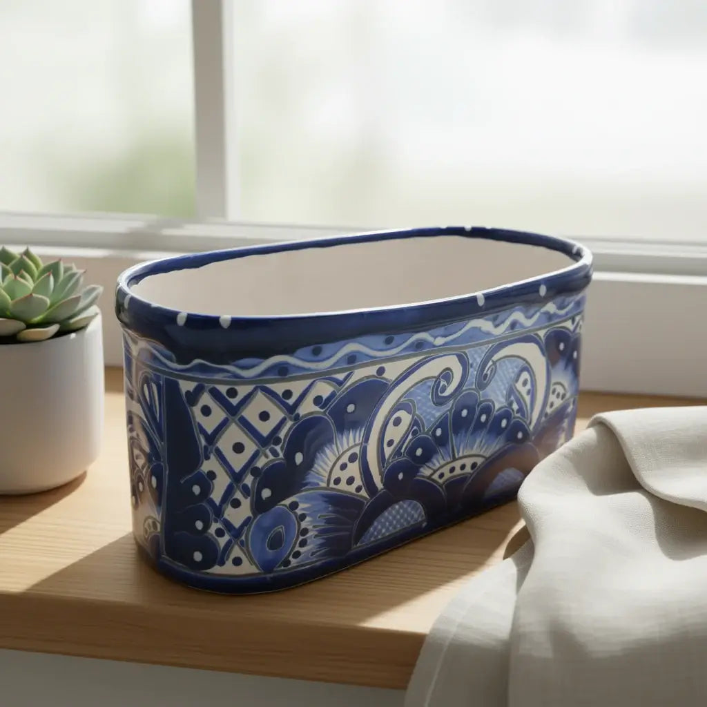 Blue and White Oval Talavera Planter