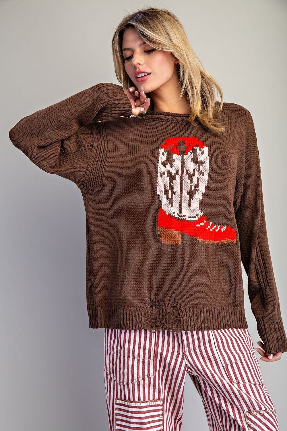 Style U "Boots" Western Intarsia Sweater — Chestnut Brown