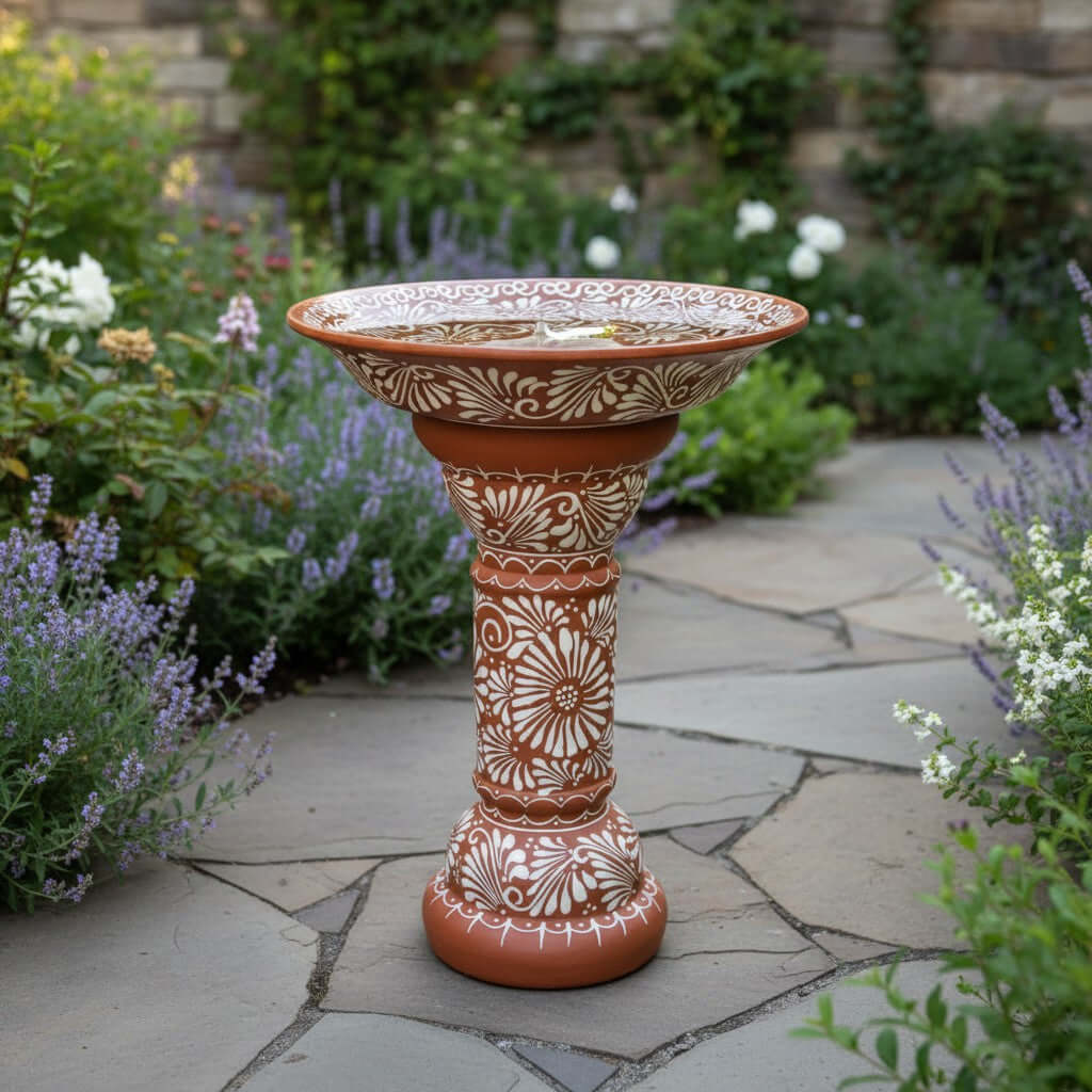 Brown & White Talavera Bird Bath