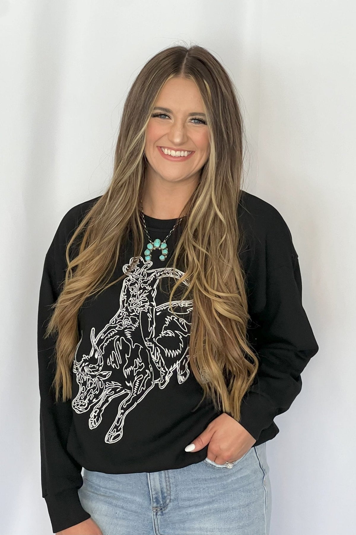 Blue B Western Bull Rider Embroidered Pullover Sweatshirt — 100% Cotton Rodeo Statement