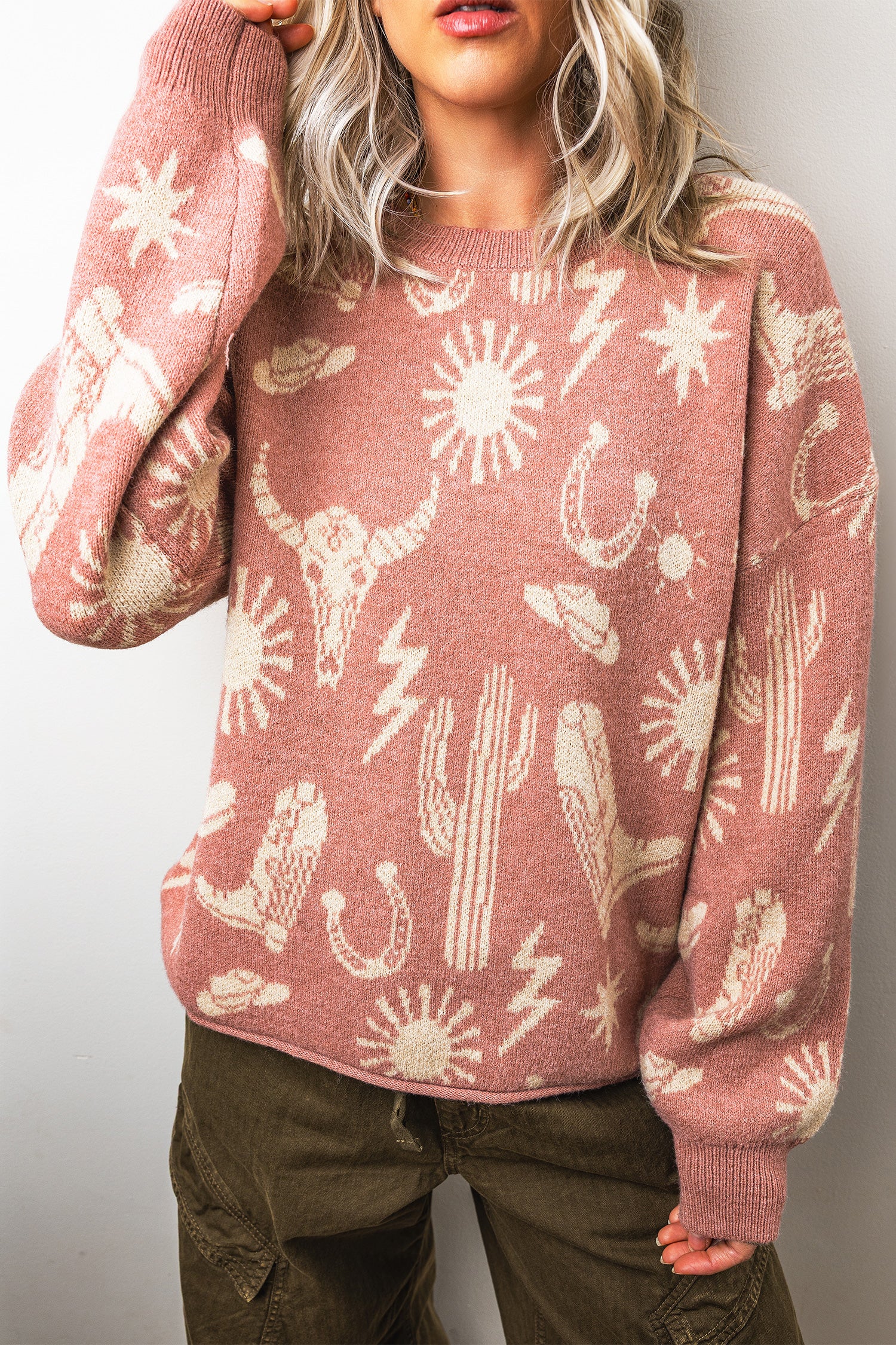 Women's Western Print Drop Shoulder Sweater
