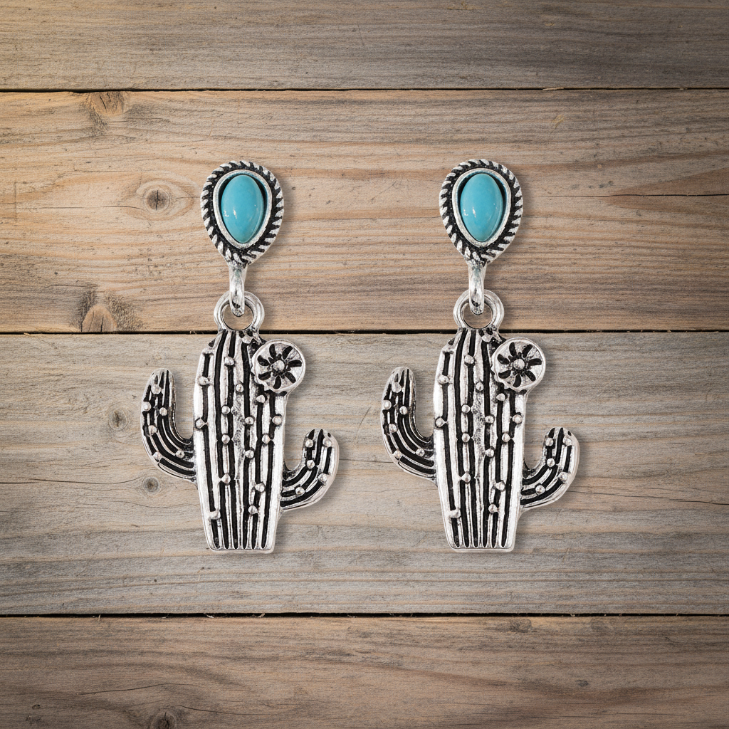 Cactus Earrings Rustic Wood Background