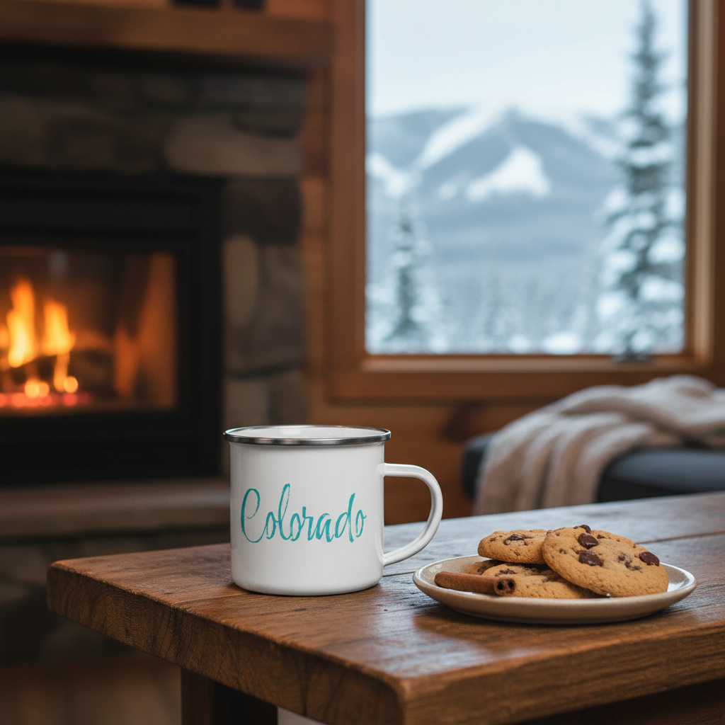 Colorado Enamel Mug - Cabin Scene Right Handle