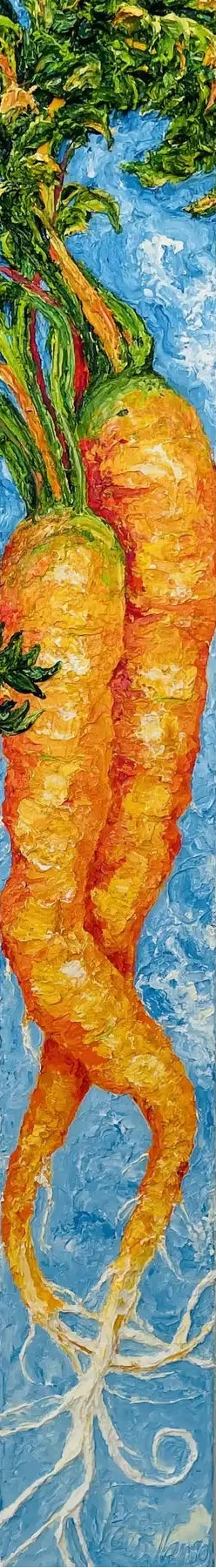 Closer view of intertwined carrots and richly textured impasto in Paris Wyatt Llanso’s original oil painting