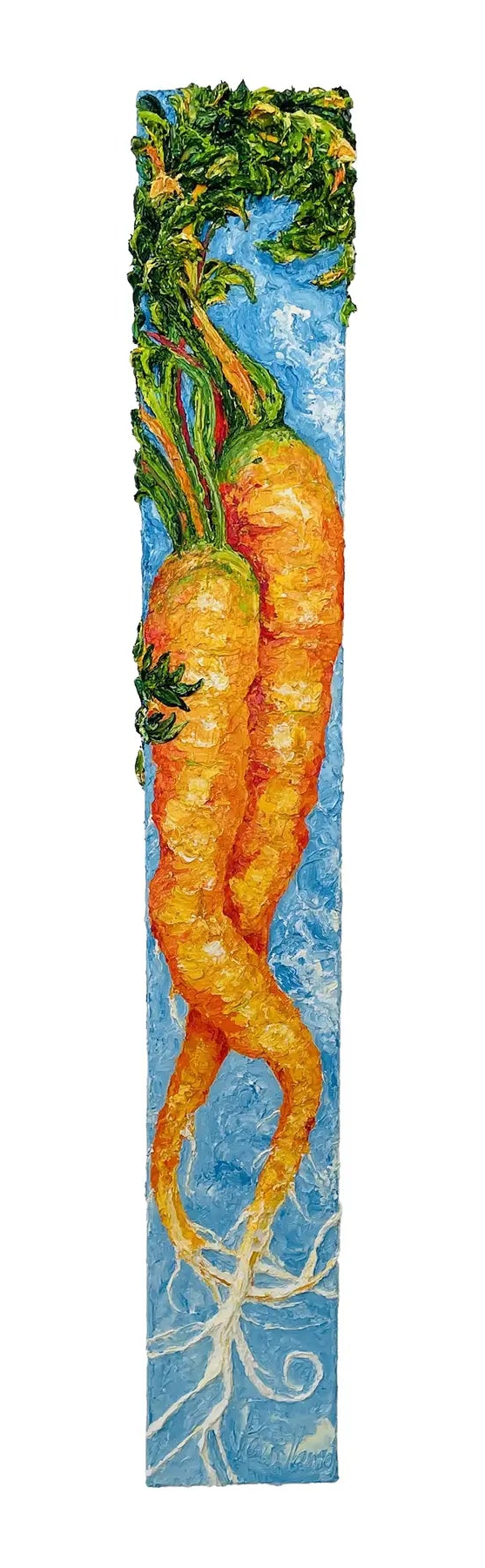 Carrots original oil painting by Paris Wyatt Llanso, a tall narrow canvas with two orange carrots, green tops, and curling roots against blue