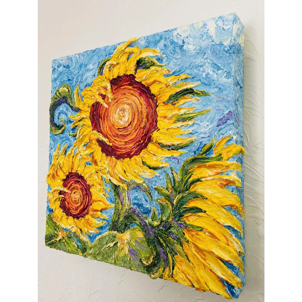 Detailed front view of Sunflowers original impasto oil painting