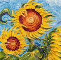 Low-angle view of Sunflowers painting showing dimensional oil paint and gallery-wrapped edge
