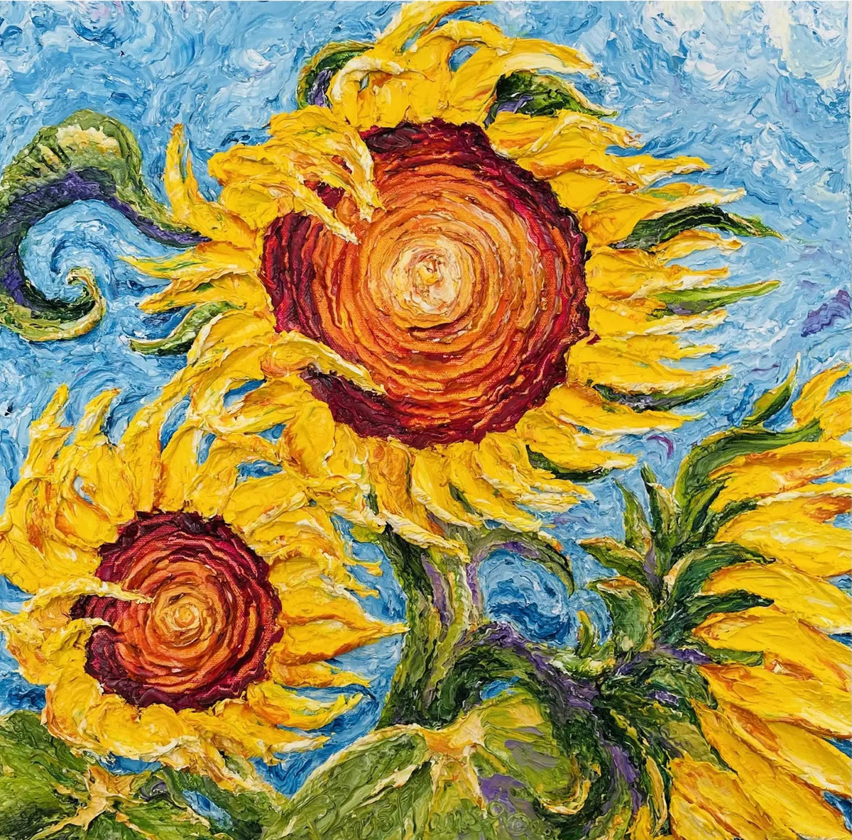 Low-angle view of Sunflowers painting showing dimensional oil paint and gallery-wrapped edge