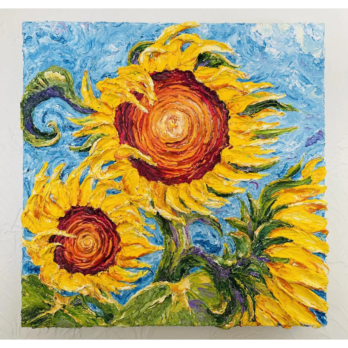 Sunflowers original oil painting by Paris Wyatt Llanso, showing golden flowers against a textured blue sky