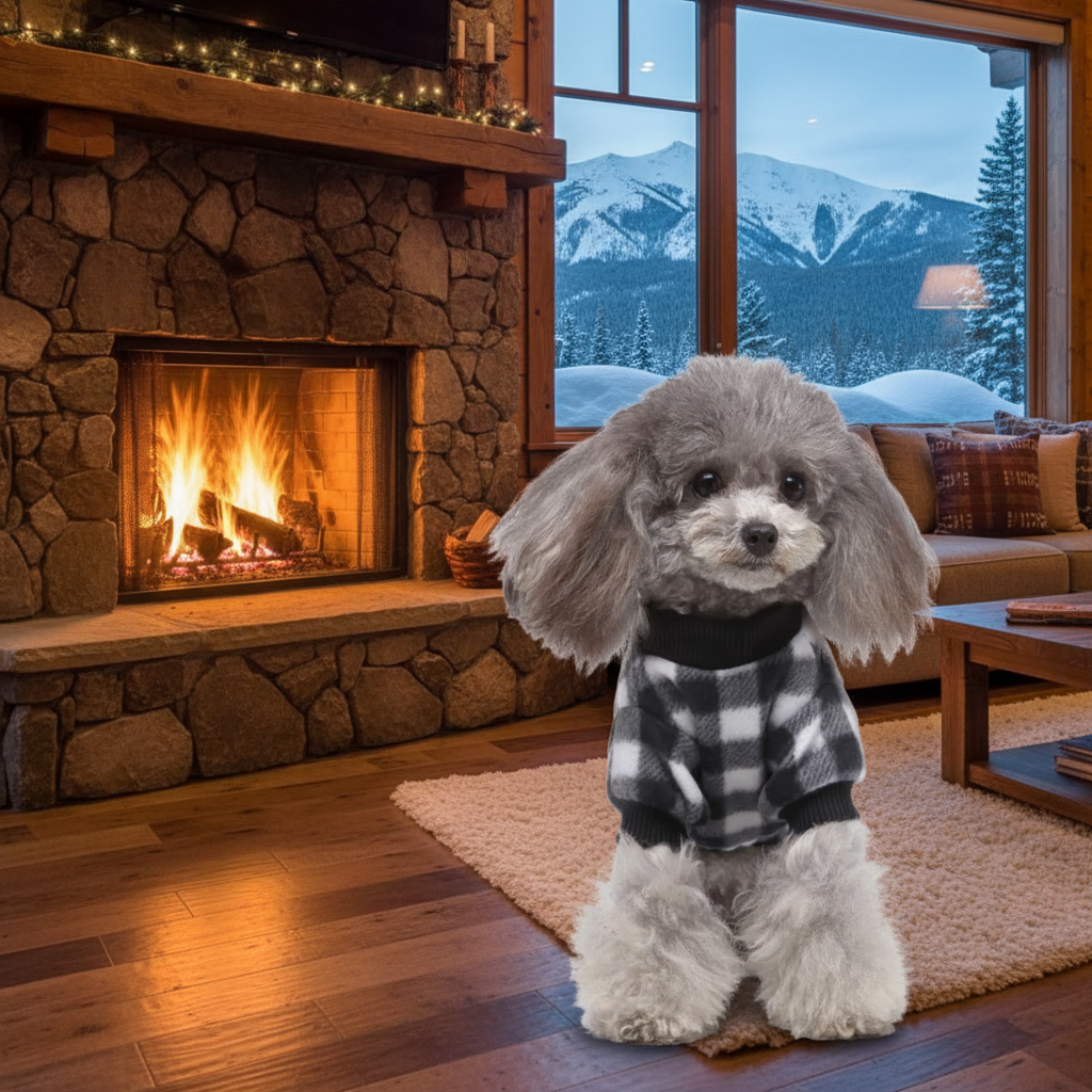 Cozy Cabin Dog Sweater - Black/White Front Facing Lifestyle