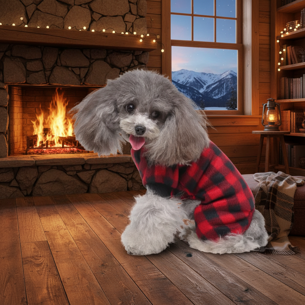 Cozy Cabin Dog Sweater - Red/Black Front Sitting Lifestyle
