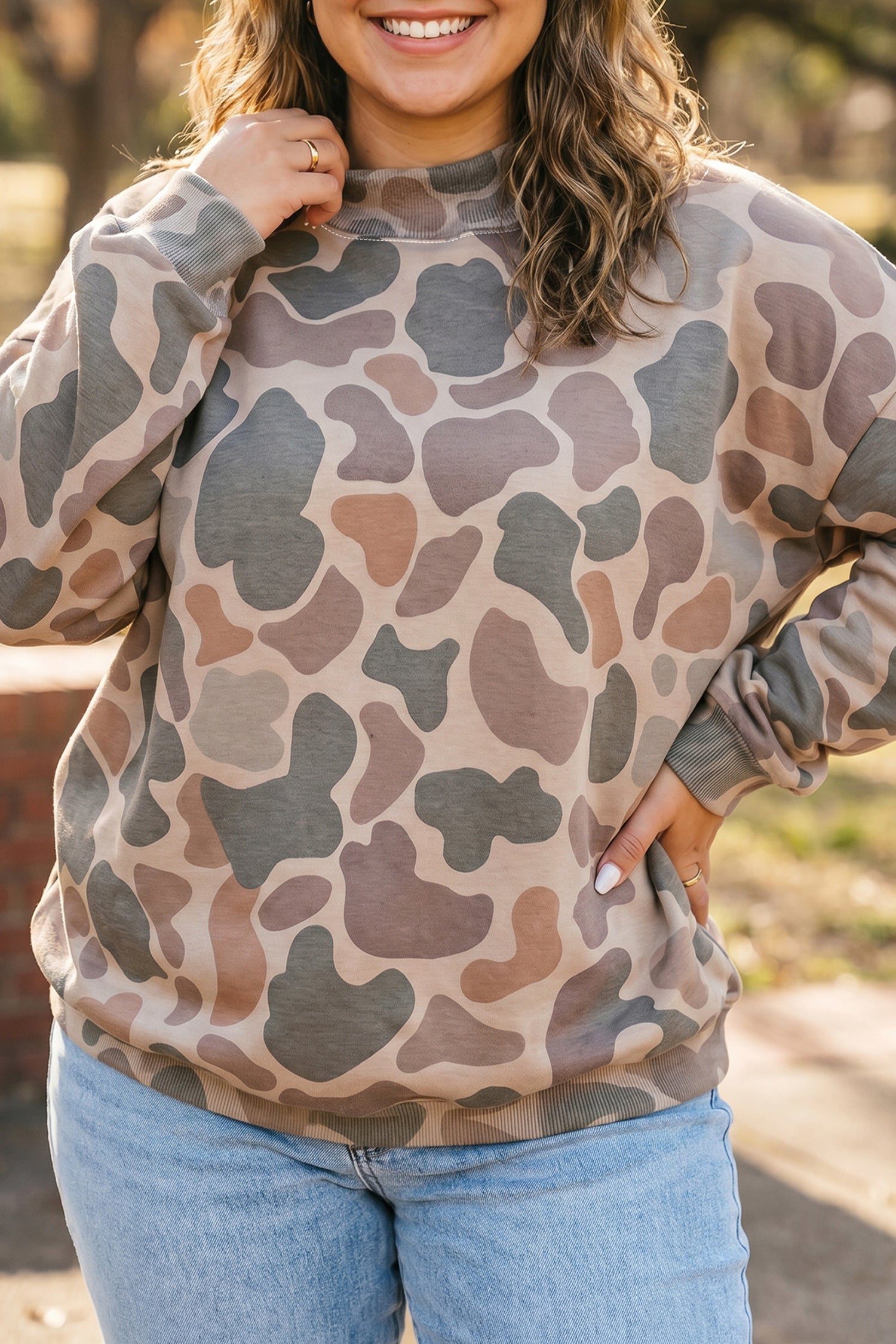 Plus Size Camo Print Mock Neck Sweatshirt