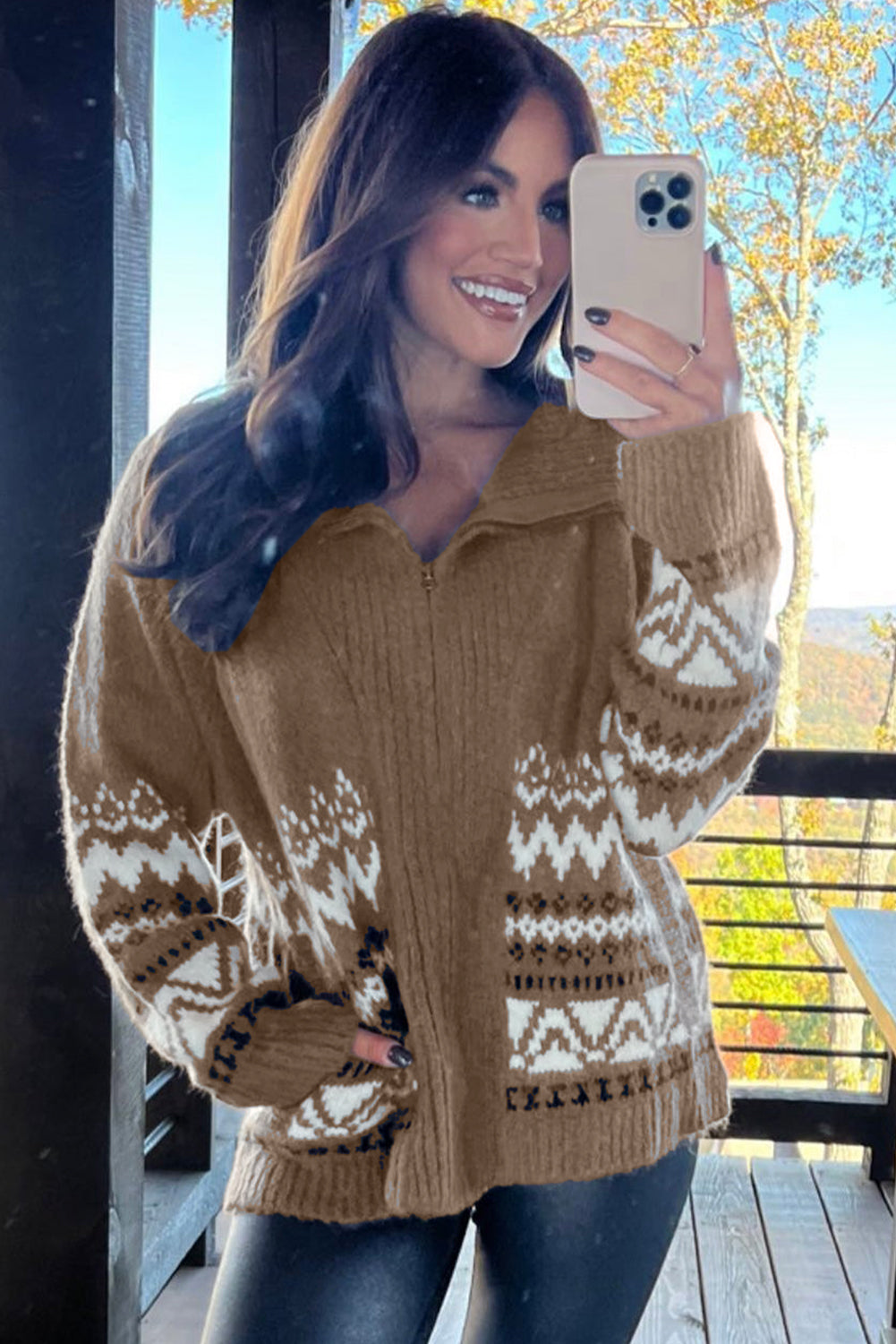 Western Printed Ribbed Trim Zip-Up Cardigan