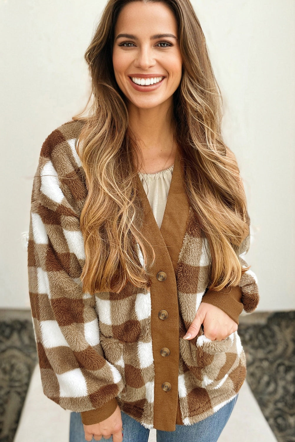 Checkered Sherpa Button-Down Jacket