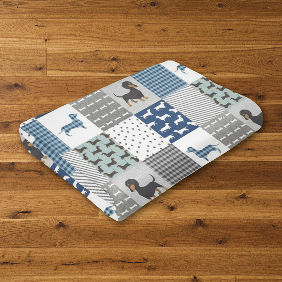 Dachshund Patchwork Blanket on Wood Floor