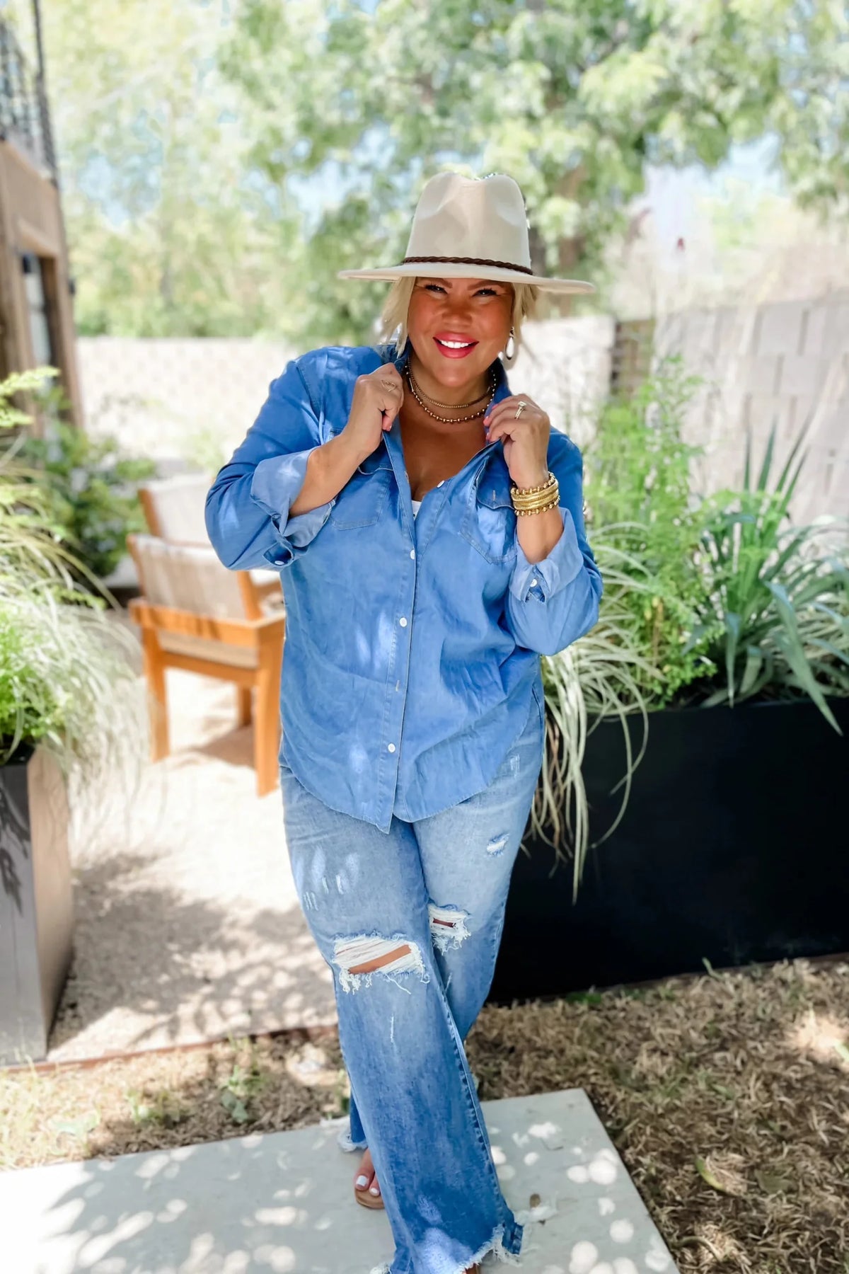 Blakeley "Dakota" Chambray Denim Western Top — Lightweight Breathable with Functional Buttons