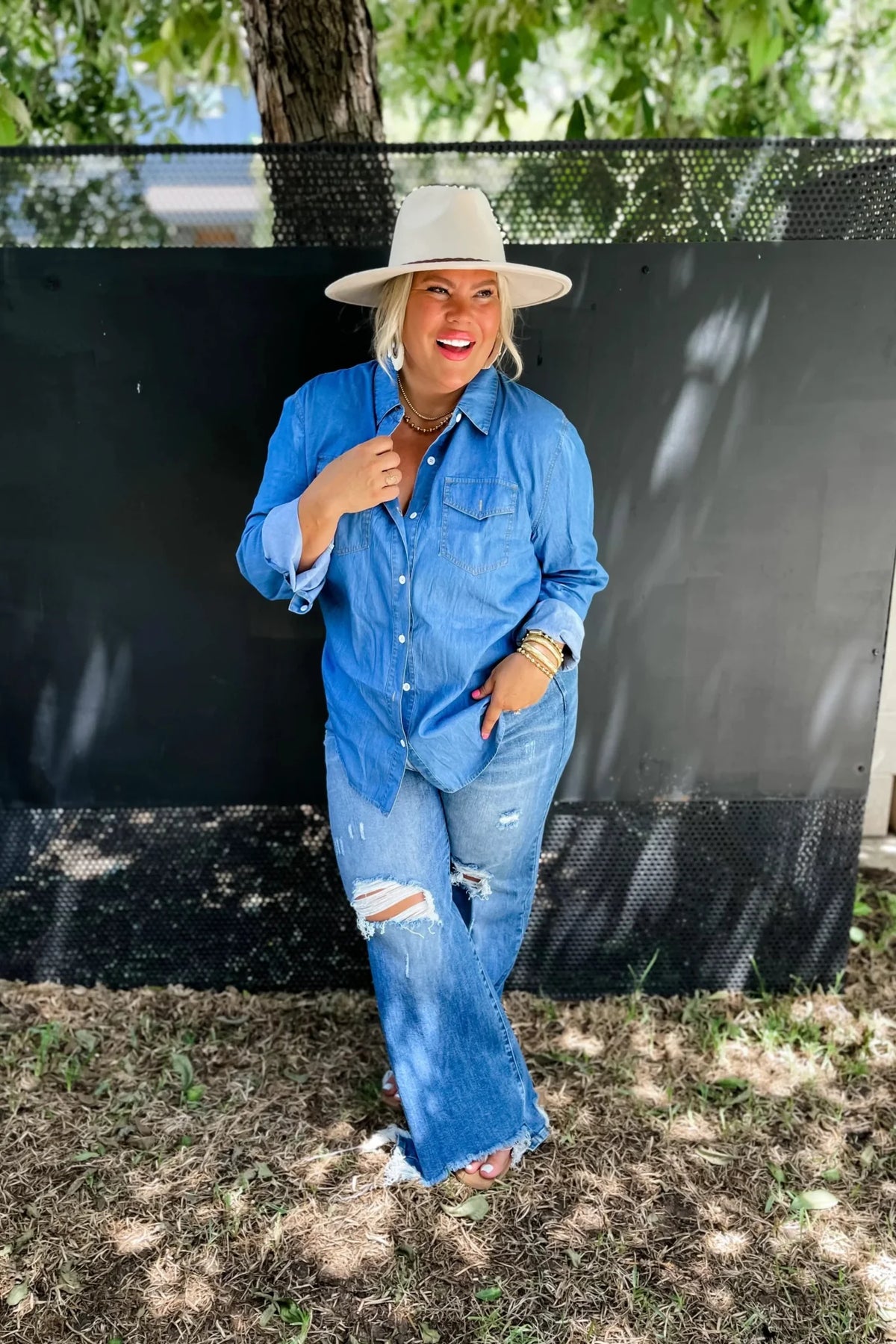 Blakeley "Dakota" Chambray Denim Western Top — Lightweight Breathable with Functional Buttons