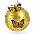 3D Yellow Butterfly Gold Round Ball Glass Christmas Ornament