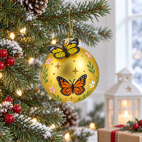 3D Yellow Butterfly Gold Round Ball Glass Christmas Ornament