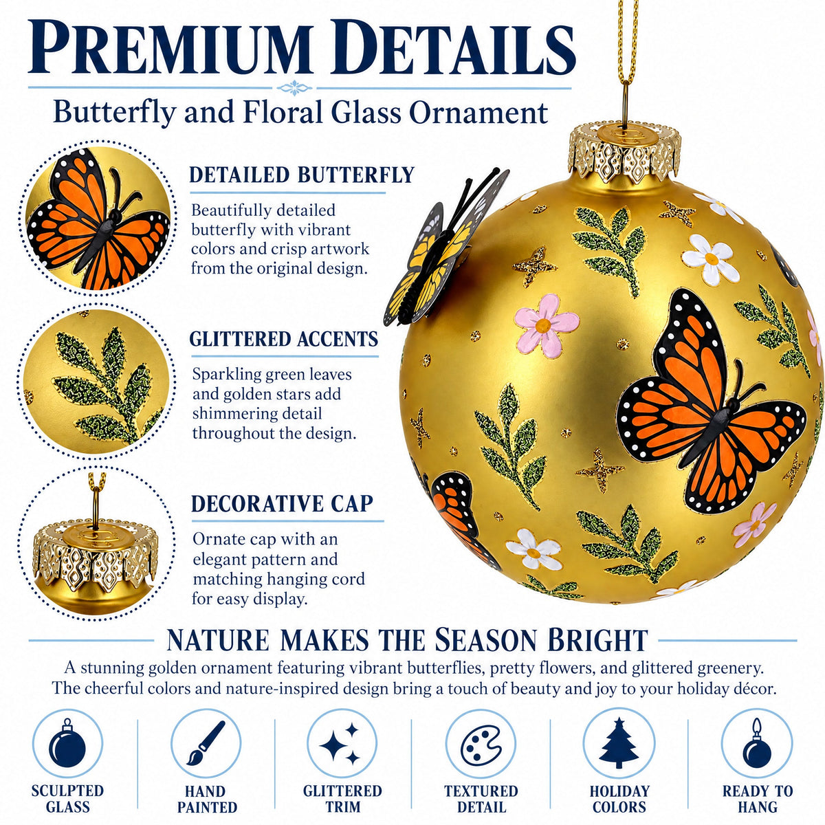 3D Yellow Butterfly Gold Round Ball Glass Christmas Ornament