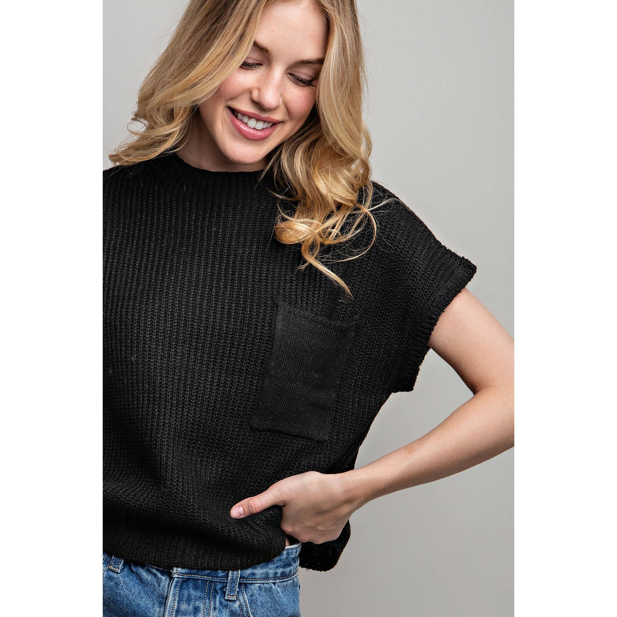 Sweet Generis "Devils Tower" Western Ribbed Sweater Top — Funnel Neck with Front Pouch Pocket