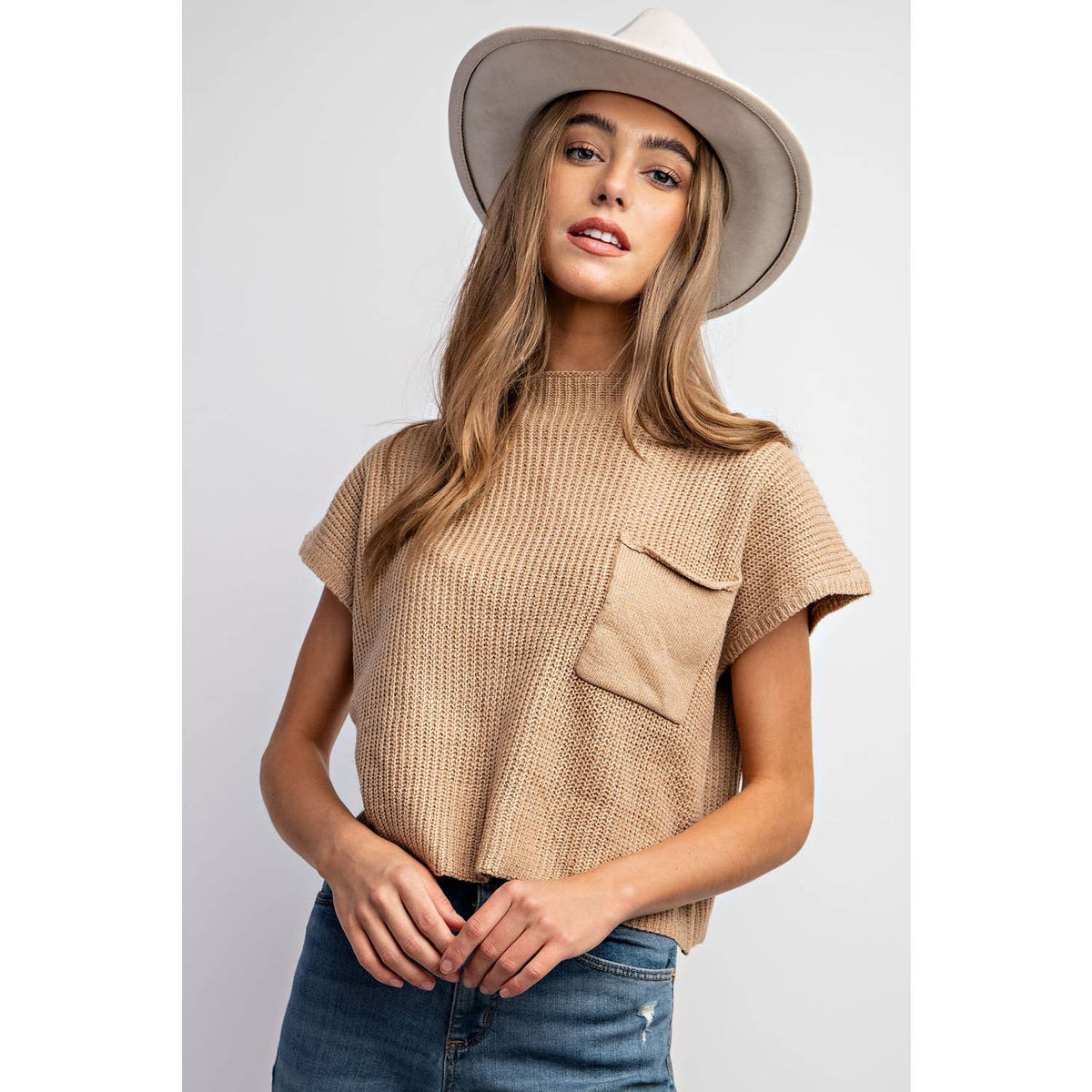 Sweet Generis "Devils Tower" Western Ribbed Sweater Top — Funnel Neck with Front Pouch Pocket
