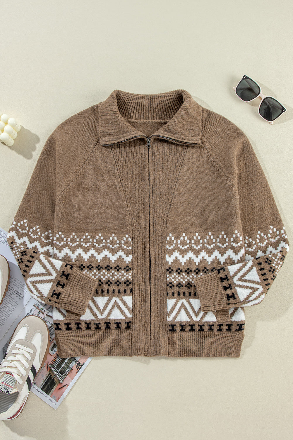 Western Printed Ribbed Trim Zip-Up Cardigan