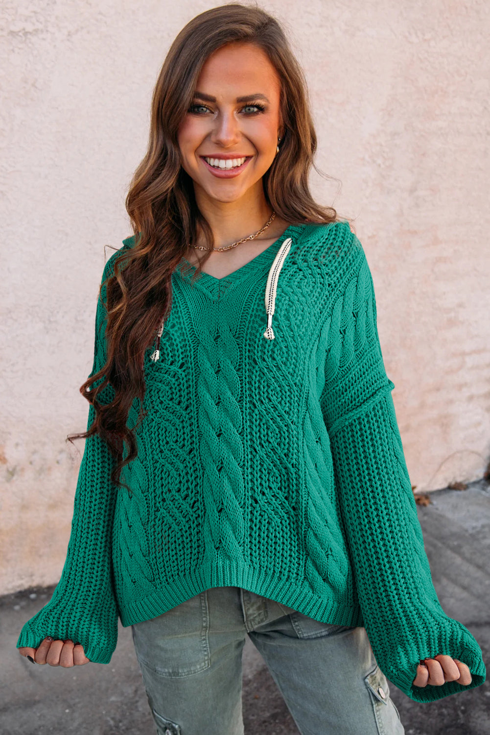 Cable Knit V Neck Hooded Sweater
