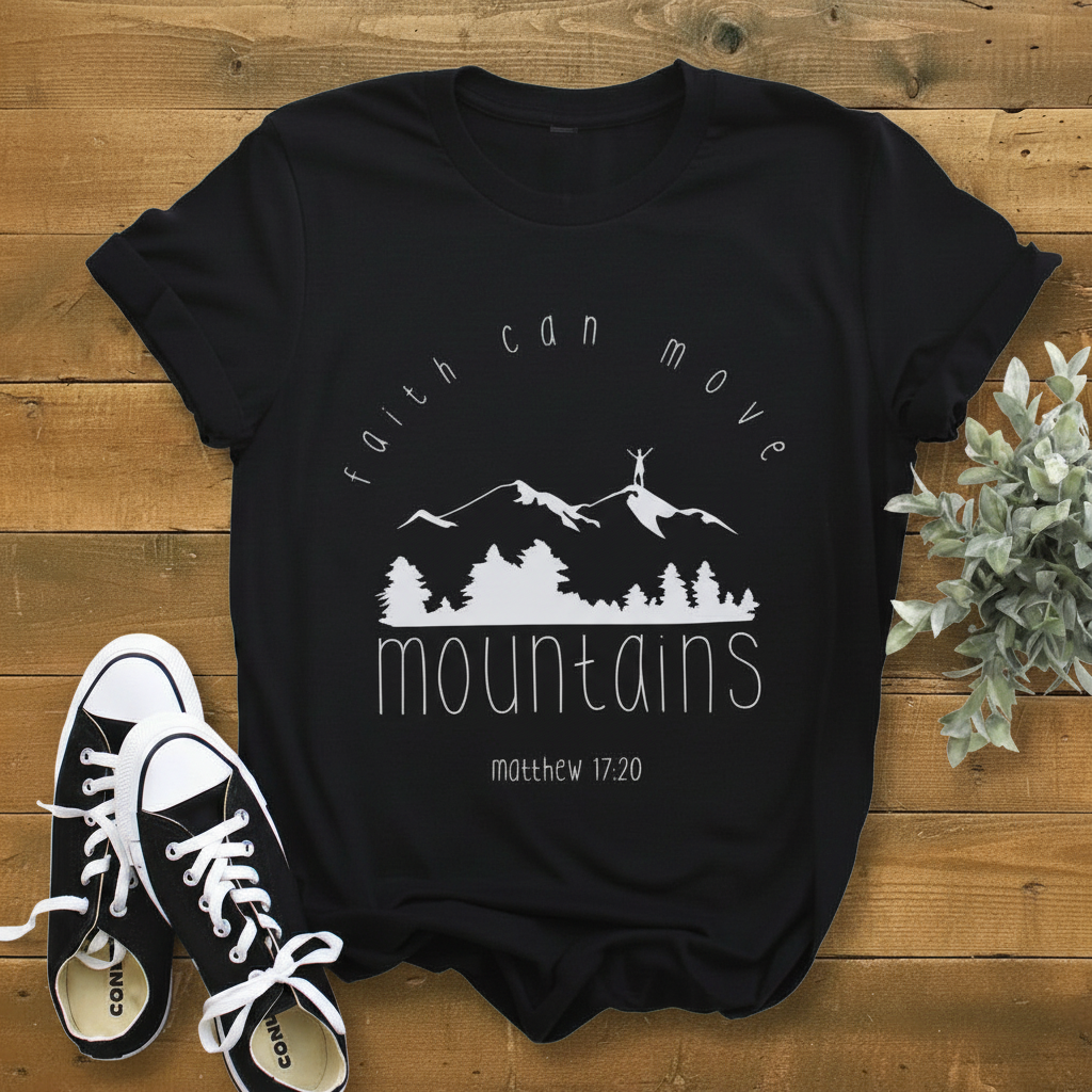 Faith Can Move Mountains Black - Wood Background
