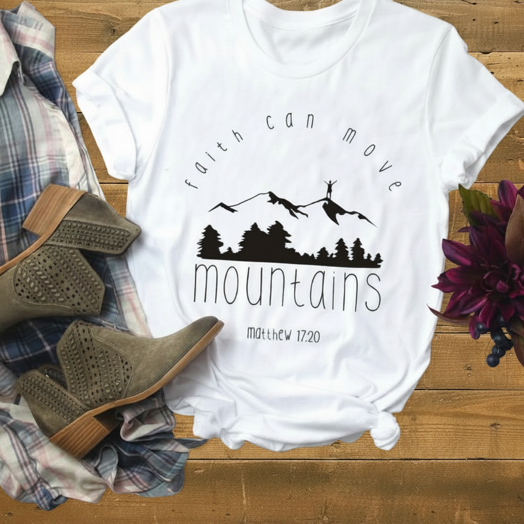 Faith Can Move Mountains White - Wood Background