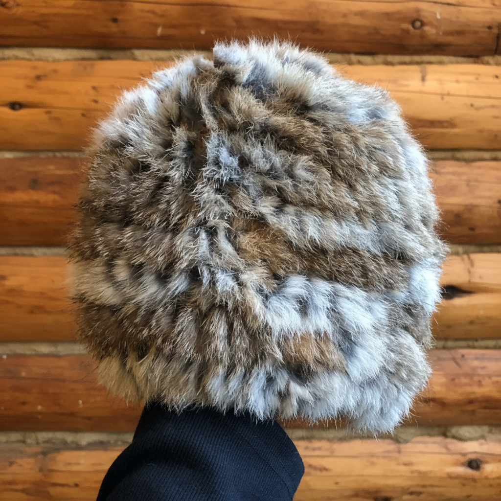 Faux Fur Beanie Timberwolf — Colorado Cabin Background