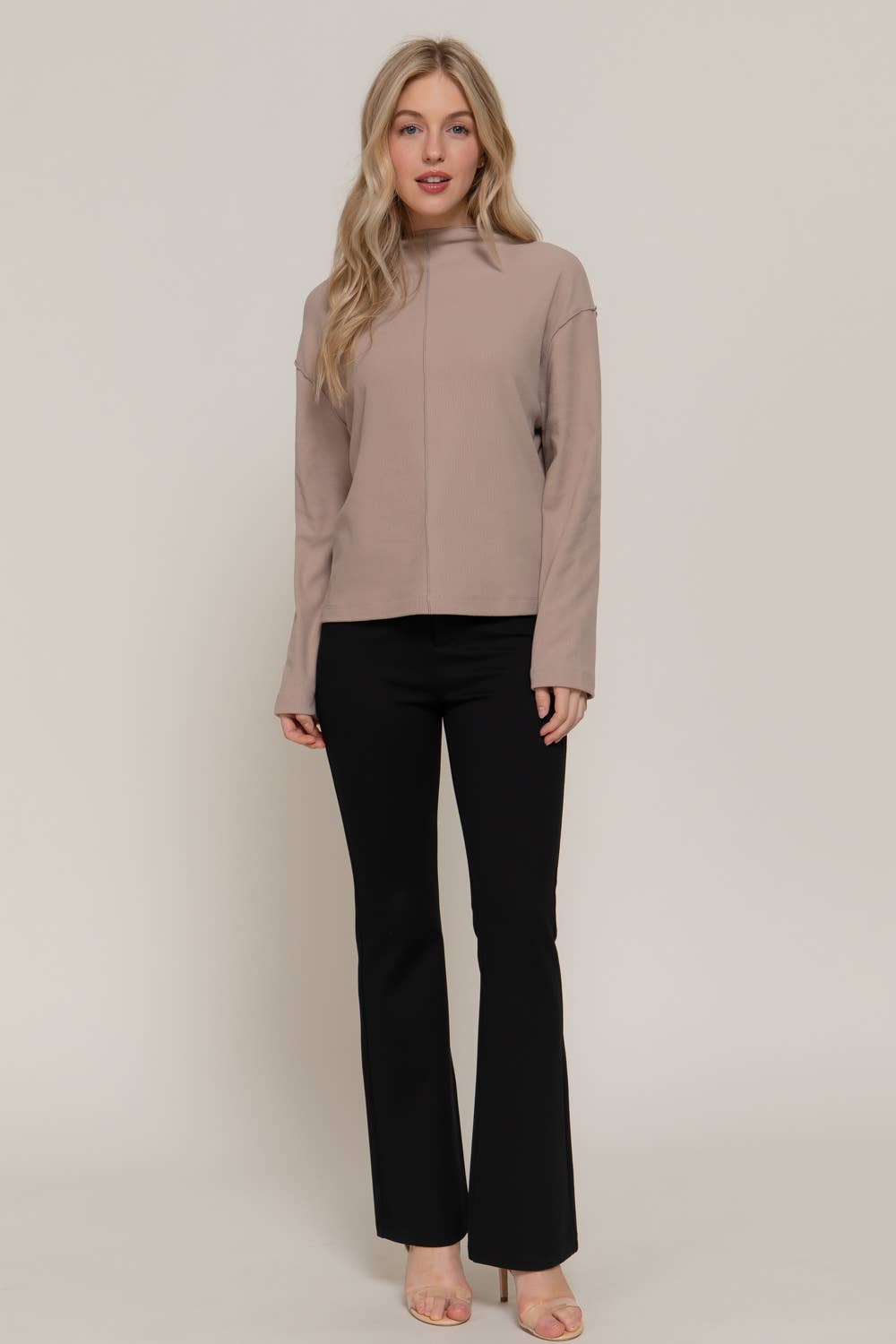 Active Basic "Frontier" Brushed Rib Mock Neck Western Top — Visible Overlocked Seams