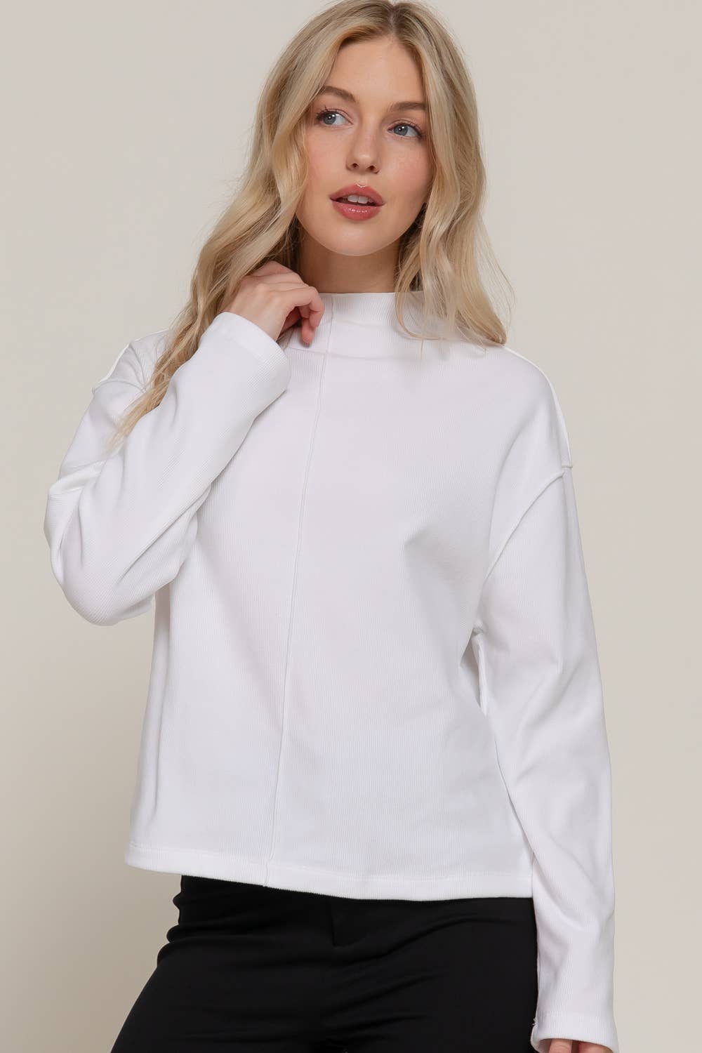 Active Basic "Frontier" Brushed Rib Mock Neck Western Top — Visible Overlocked Seams