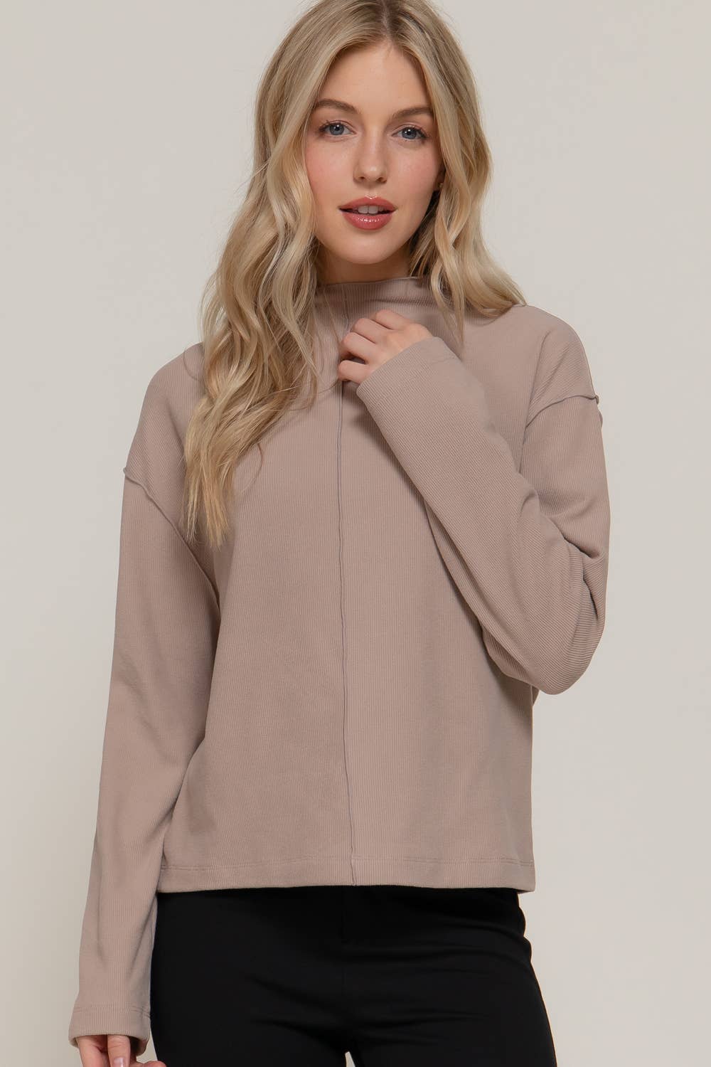 Active Basic "Frontier" Brushed Rib Mock Neck Western Top — Visible Overlocked Seams