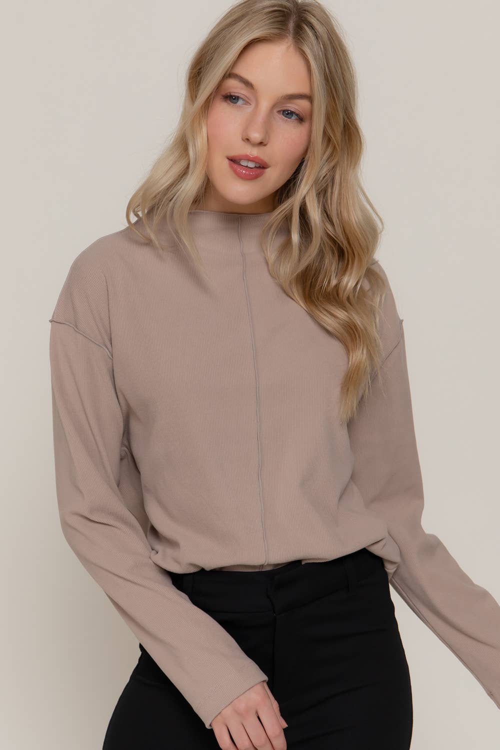 Active Basic "Frontier" Brushed Rib Mock Neck Western Top — Visible Overlocked Seams